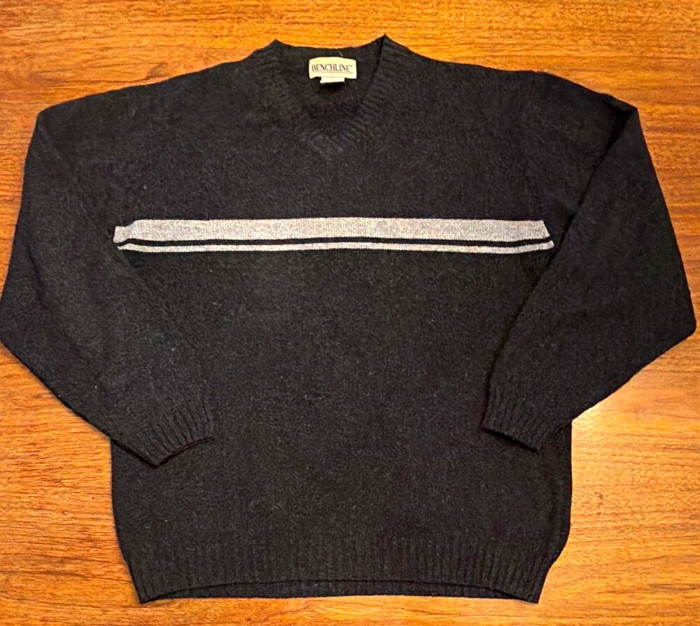 Vintage 90s Shetland Wool Acrylic L Gray Striped V-Neck Sweater Preppy Grunge